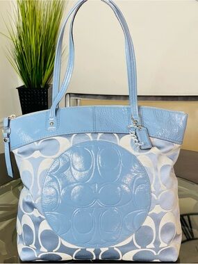 Coach Laura Signature Logo Tote Bag Large Blue Canvas Leather F18335
